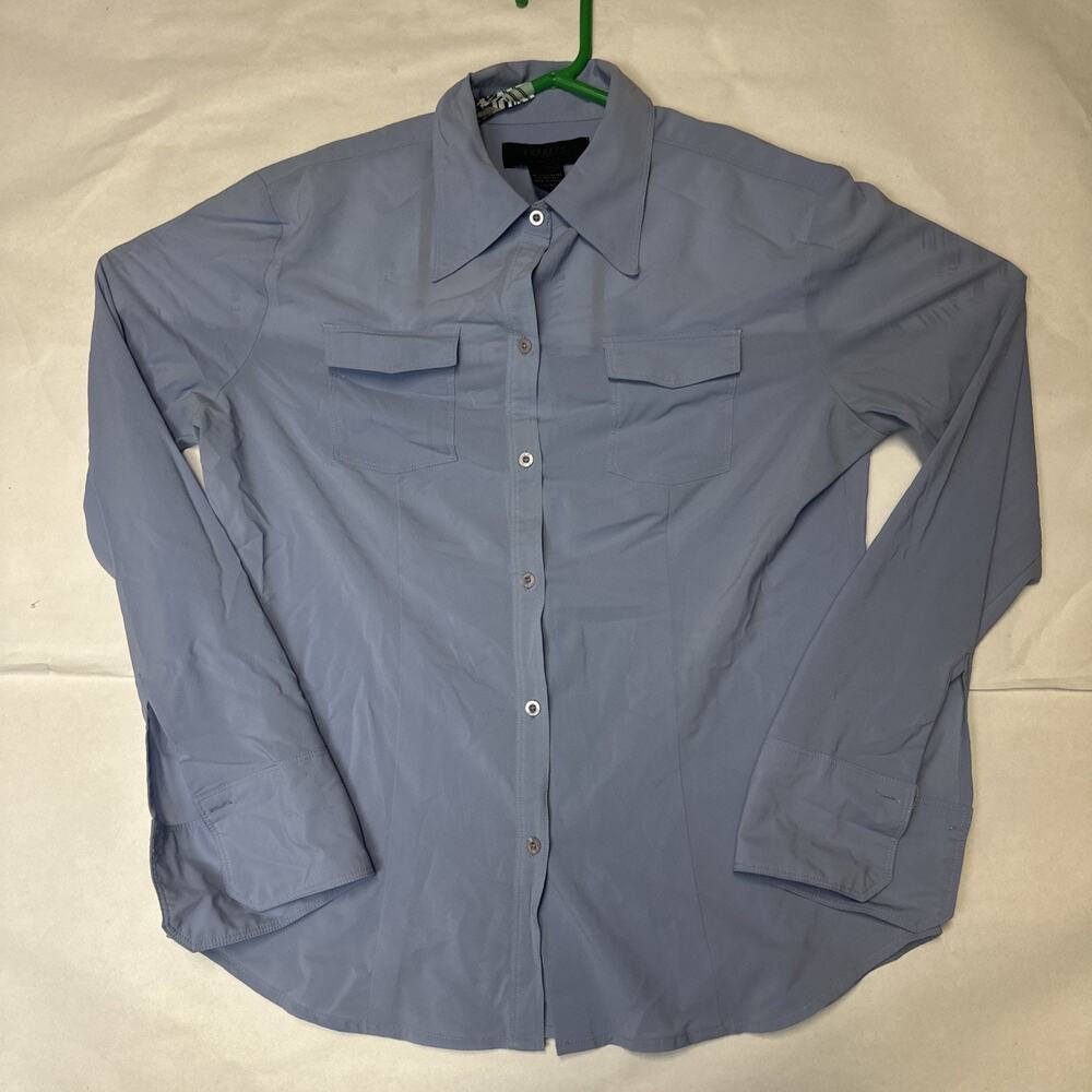 Express Stretch Fitted Solid Button Shirt Blue Dress Shirt women's 9/10